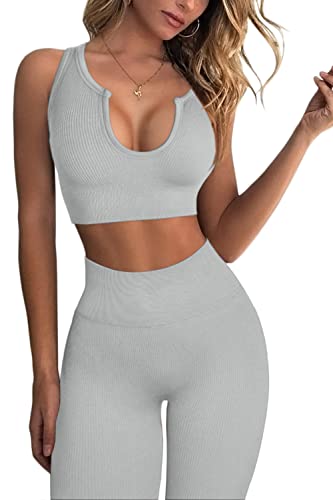 QINSEN Workout Outfits for Women 2 Piece Ribbed Seamless Crop Tank High Waist Yoga Leggings Sets - color: Light Grey, size: Small
