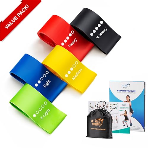 Fit Simplify Resistance Loop Exercise Bands with Instruction Guide and Carry Bag, Set of 5 - color: Assorted