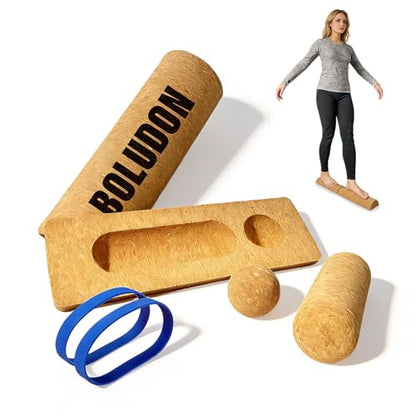 2026 NEW Balance Board Cork Half Roller Kit | Foot Balance Trainer & Ankle Strengthener for Stretch Massage Fascia Release | Cork Massage Ball Roller Resistance Bands | Portable Balance Training Set for Home Gym