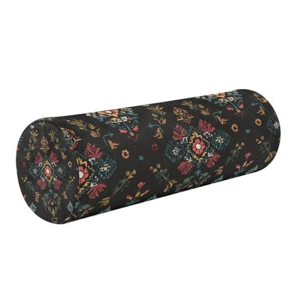 Black Boho Flower Neck Roll Pillow Bolster Round Health Memory Foam Long Cervical Cylinder Pillows with Removable Washable Cover for Body Bed Legs Back Yoga - color: Black Boho Flower