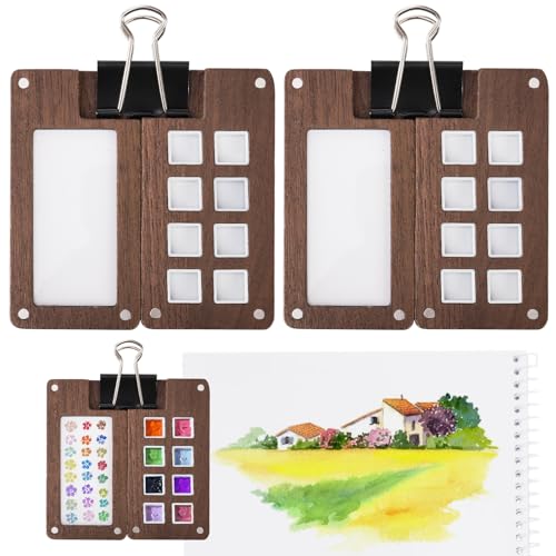 WRINGKIT Set of 2 Mini Wood Watercolor Palette, Portable, 8 Grid | Sketchbook Paint Palette with Clips, Pocket Travel Watercolor Kit, Mixing Tray Box for Artists Beginners Painters Students