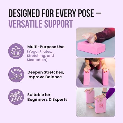 LIVE WELL Pink Yoga Blocks (Set of 2) - EVA Foam Yoga Bricks for Support, Stretching & Alignment - Yoga Accessories for Home & Studio, 3x6x9 inches
