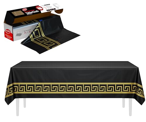 Neatiffy Plastic Tablecloth Roll with Slide Cutter, Disposable Waterproof Table Cover, Cut to Size for Rectangular & Round Tables, Party, Picnic, Wedding, 54 in x 54 ft, Black Gold Design - color: Black With Golden Design