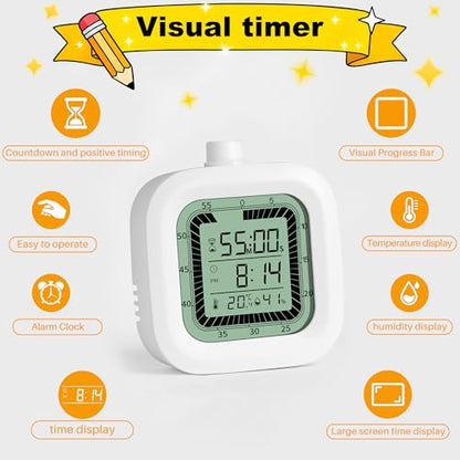Visual Timer, 60 Minutes Countdown & Countup Timer, Digital Alarm Clock with Temperature and Humidity Monitor, 4 in 1 Multifunctional Desk Clock for Kids Study, Kitchen, Office and Home,Black - color: Black