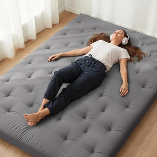 ZonLi Japanese Floor Futon Mattress 100% Cotton Washable Cover Foldable | 80" x 60" Queen Size 4" Thick Tatami Mat Sleeping Pad, Roll Up Floor Lounger Bed for Guest, Dormitory, Camping & Travel - color: Grey, size: Queen(80"L x 60"W x 4"Th)