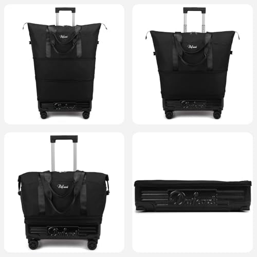 Expandable Rolling Travel Bag with Removable Wheels & Handle, Large Capacity Wheeled Duffle Tote, Foldable Carry On Luggage for Women, Lightweight Weekender Overnight Bag (Black) - color: Black