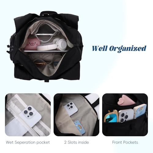 Oweisong Gym Bag for Women Sports Duffel Bag Lightweight Yoga Tote Travel Carry On Handbag with Shoes Compartment - color: Black