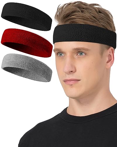 Tanluhu Sweatbands Sport Headbands for Working Out, Exercise, Tennis, Basketball, Running - Terry Cloth Athletic Sweat Cotton Headband Outdoor for Men & Women - color: Black/Gray/Red