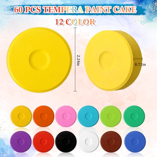 Heigble 60 Pcs Tempera Paint Cakes 12 Colors Large Washable Cake Paint 2.24 x 0.71inch Paints Blocks Art Supplies for Classroom Art Painting Drawing