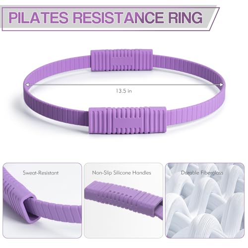 Pilates Kit, 13.5" Pilates Ring with Mini Ball & Resistance Bands | Home Pilates Equipmen Set, Magic Circle Ring with Anti-Slip Handles for Beginners, Workout Guide Included - color: Purple