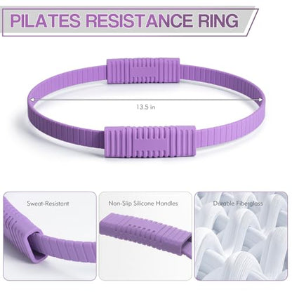Pilates Kit, 13.5" Pilates Ring with Mini Ball & Resistance Bands | Home Pilates Equipmen Set, Magic Circle Ring with Anti-Slip Handles for Beginners, Workout Guide Included - color: Purple