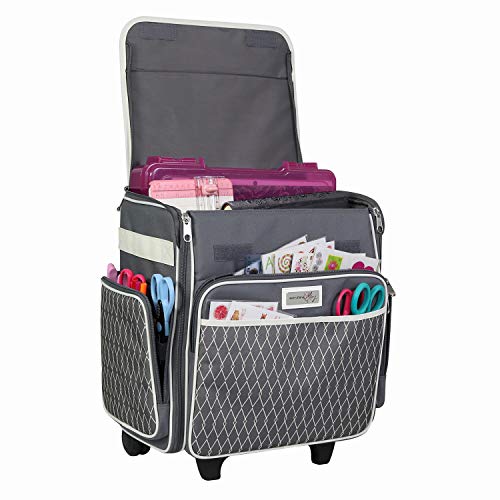 Everything Mary Rolling Scrapbook Storage Tote – Grey/White Diamond Craft Case for Paper, Binders, Beads, Scissors & Supplies – Telescoping Handle with Dual Wheels - color: Grey/White Diamond