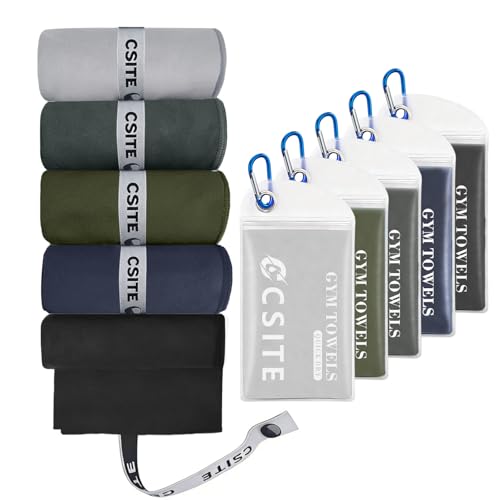 CSITE Microfiber Gym Towels 5 Pack - Quick Dry & Highly Absorbent, Odor-Free, Soft & Compact Sweat Towel for Workout, Yoga, Running, Tennis, Camping, Men & Women - color: Light Gray/Dark Gray/Military Green/Tibetan Green/Black