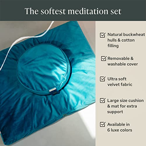 Mindful Modern Meditation Cushion & Mat Bundle - Luxury Velvet Zafu Floor Pillow & Rectangular Mat - Turquoise