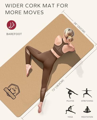 HAPBEAR Cork Yoga Kit: 72"x36" Wide Non-Slip Cork Yoga Mat (w/Resistance Bands & Carry Bag) + 2-Pack 9x6x3" High-Density EVA Yoga Blocks