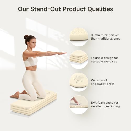 PAIDU Foldable Yoga Mat 10mm Thick, 75"x26" Non-Slip Fitness Exercise Mat - color: Beige
