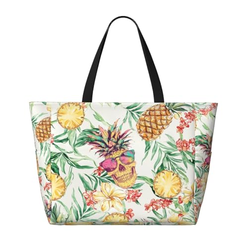 Large Beach Bag for Women Waterproof Foldable Travel Shoulder Tote Bag with Pocket for Weekender Pool Vacation - color: Pineapple Beige