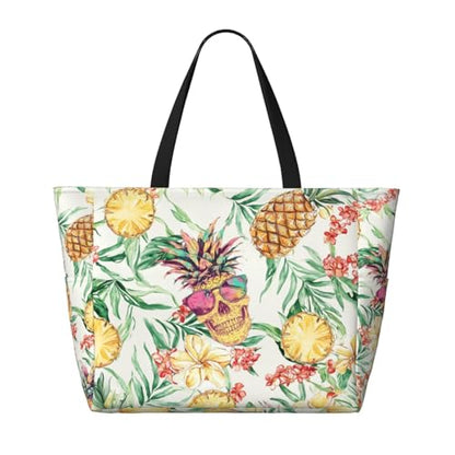 Large Beach Bag for Women Waterproof Foldable Travel Shoulder Tote Bag with Pocket for Weekender Pool Vacation - color: Pineapple Beige