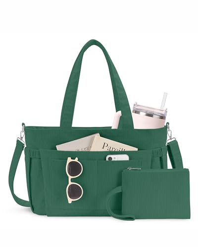 NPBAG Corduroy Tote Bag for Women with 9 Pockets & 40oz Cup Holder, Laptop Work Purse for Teacher Nurse, Travel College Bag - color: Green