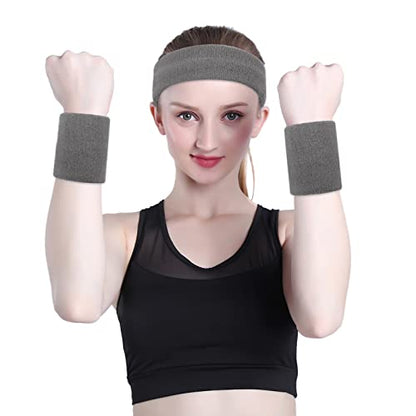 ONUPGO Sweatband Set Sports Headband Wristband Set Sweatbands Terry Cloth Wristband Wrist Sweatband Headbands Moisture Wicking Sweat Absorbing Head Band - color: Grey
