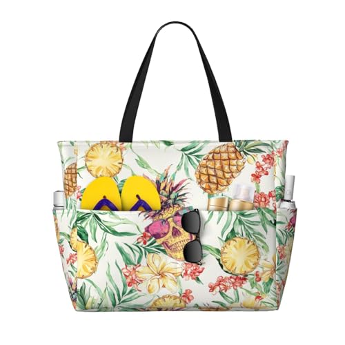 Large Beach Bag for Women Waterproof Foldable Travel Shoulder Tote Bag with Pocket for Weekender Pool Vacation - color: Pineapple Beige