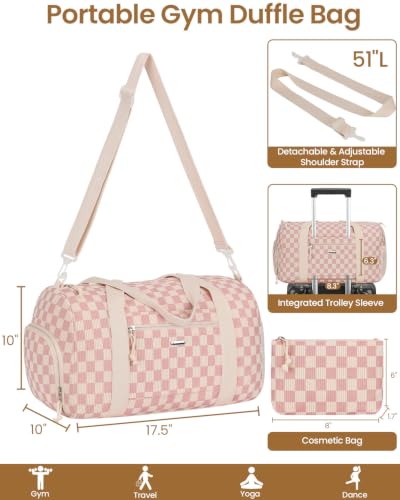 Vankor Gym Bag for Women, 17.5 inch Sports Duffle Bag with Shoe Compartment - color: Corduroy Checkered Pink