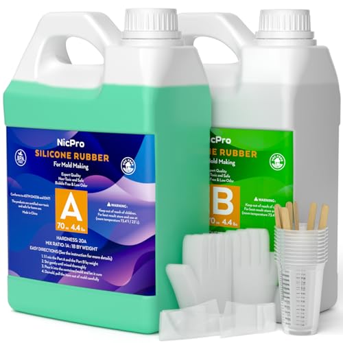 Nicpro 140 oz Silicone Mold Making Kit 20A, Platinum Liquid Silicone Rubber for Mold Maker, Jade Green Flexible & Food Safe Mix Ratio 1:1 for Casting 3D Resins Molds DIY with Gloves, Sticks & Cups - size: 140oz