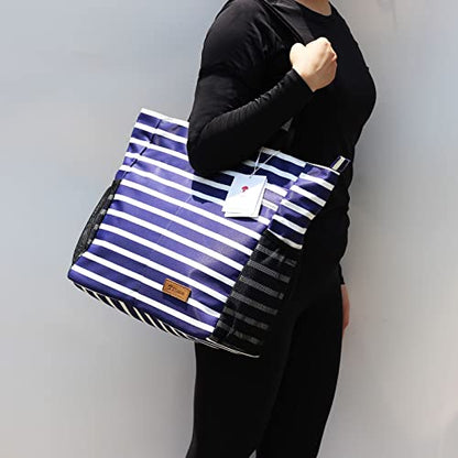 ESVAN Original Floral Tote Bag Large Shoulder Bag with Multi Pockets for Gym Travel Beach Daily Bags - color: Blue-white-flower