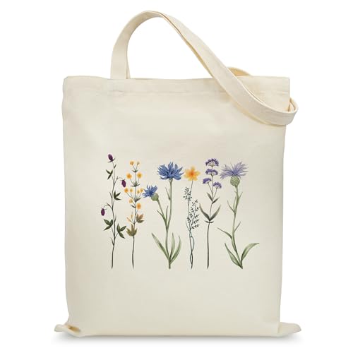 Aesthetic Canvas Tote Bag for Women with Inner Pocket - color: Flower-blue