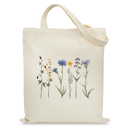 Aesthetic Canvas Tote Bag for Women with Inner Pocket - color: Flower-blue