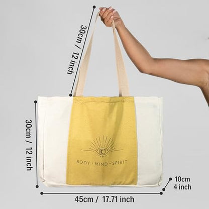Large Canvas Yoga Tote Bag with Yoga Mats Bags Carrier - color: Beige & Mustard