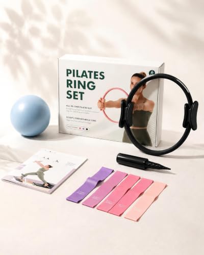 PAETA Pilates Ring Set – 14” Magic Circle (38 lbs Resistance), 9.8” Pilates Ball, 5 Resistance Bands, and Exercise Guide Included for Home Workouts - color: black
