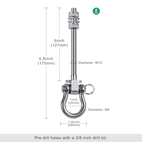 SELEWARE 6 Pcs Stainless Steel Bearing Swing Hangers Heavy Duty Swing Hooks | 5" x M2/5" Swing Bolt for Wood and Steel Beam, Swing Sets Hardware for Hammock, Yoga, Porch Swing, Heavy Bag, 1500LB Capacity - color: 6 Pack Bearing Hangers (5" X M2/5" Threade