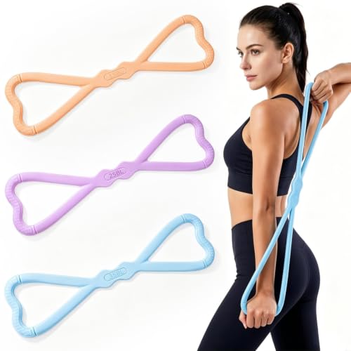Figure 8 Resistance Bands 3 Pack, 21.6" Extra Long Elastic Exercise Bands with Handles, 15/25/35LB Stretching Band Set for Physical Therapy, Yoga, Pilates, Arm Back Shoulder Workout - color: Orange + Purple + Blue