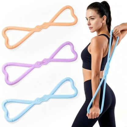 Figure 8 Resistance Bands 3 Pack, 21.6" Extra Long Elastic Exercise Bands with Handles, 15/25/35LB Stretching Band Set for Physical Therapy, Yoga, Pilates, Arm Back Shoulder Workout - color: Orange + Purple + Blue