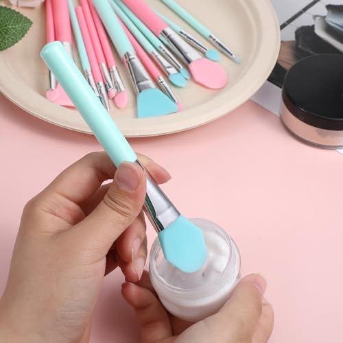 14 Pcs Silicone Makeup Brush Applicator Kit, Silicone Brush Applicator for Cream Makeup Products and UV Resin Epoxy Art Crafting, Resin Face Mask Brushes Green+Pink