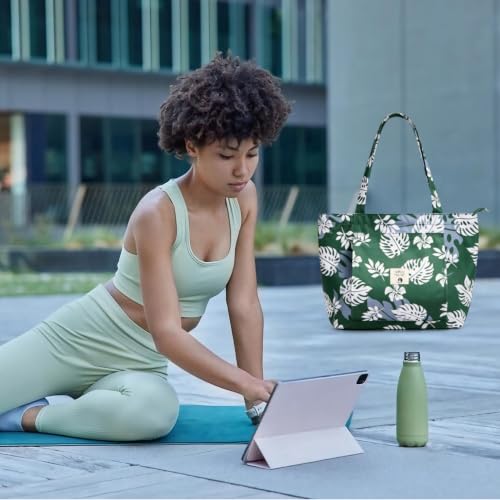 WLLWOO Yoga Mat Carrier Bag for Women Canvas Carryall Tote Gym Pilates | Large Holder Zipper Shoulder for Beach Travel Workout Fitness Office - color: Dark Green Leaf