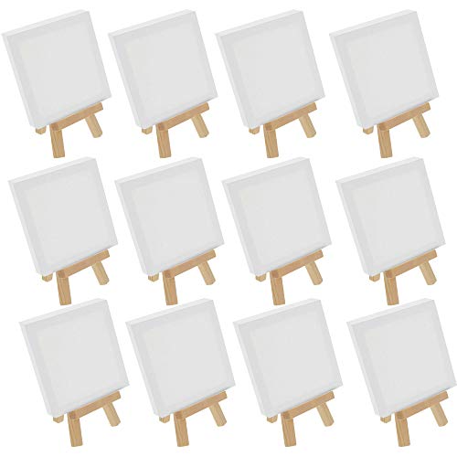 U.S. Art Supply 5" x 5" Stretched Canvas with 8" High Small Natural Wooden Easel (12 Pack), A-Frame Canvas Stand Tripod, Small Painting Easels - Tabletop Easel for Painting, Canvases, Student Crafts - size: 8" Easel & 5x5 Canvas - 12-pack