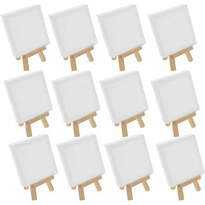 U.S. Art Supply 5" x 5" Stretched Canvas with 8" High Small Natural Wooden Easel (12 Pack), A-Frame Canvas Stand Tripod, Small Painting Easels - Tabletop Easel for Painting, Canvases, Student Crafts - size: 8" Easel & 5x5 Canvas - 12-pack