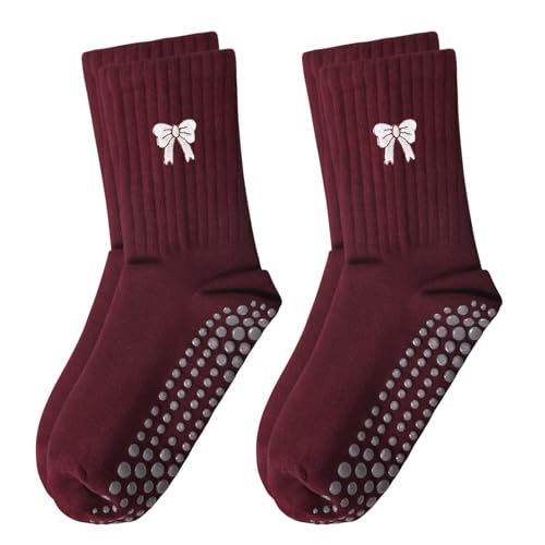 Women's Pilates Grip Socks, Ruffle Non Slip Bow Pattern Yoga Socks | Grippy, Frilly Trim, Embroidery, Crew Length, Soft Cotton, Arch Support, for Barre Ballet Dance Workout Hospital Home Gifts - color: C06-red (White Bow)*2
