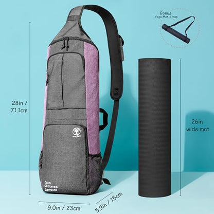 Yoga Mat Bag Carrier - Large Pockets & Water Bottle Holders. Yoga Backpack Fits 0.5" Thick x 26" Wide Mats. Hands-Free, Left-Right Switchable, Yoga, Gym, Cycling - color: Purple