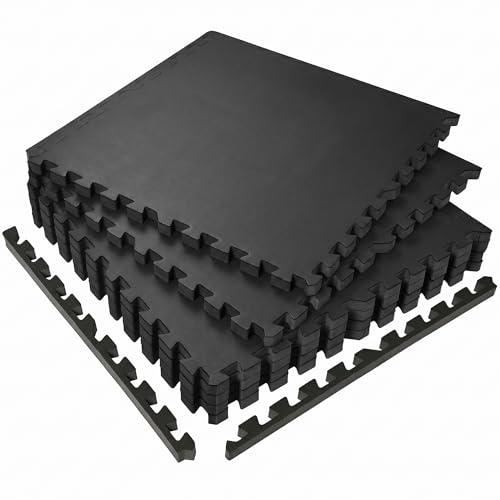 SUPERJARE 0.56'' Thick 24 Sq Ft Rubber Top Gym Flooring for Home Gym | High Density Gym mat with Upgraded Rubber Top, 6 Pcs Interlocking EVA Foam Exercise Equipment mat, Workout Mat, Black - color: Black, size: 6 Tiles (24 Sq Ft)