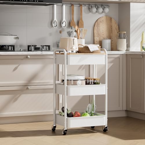 3-Tier Rolling Cart with Table Top, Metal Utility Cart on Wheels | Sturdy Storage Organizer Cart with Lockable Wheels&Hooks for Craft, Office, Classroom, Kitchen and Bathroom, WHite - color: White