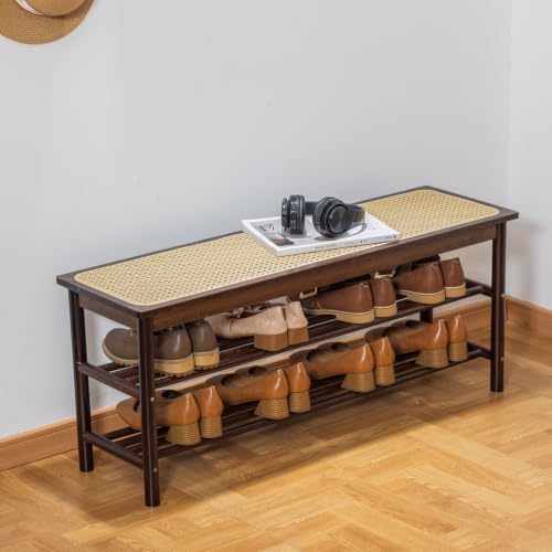 latifolia Shoe Rack Bench, 3-Tier Bamboo Shoe Bench with Breathable Rattan Seat Cushion, Shoe Storage Rack for Entryway(Walnut,39.70''L) - color: Walnut, size: 39.37''L