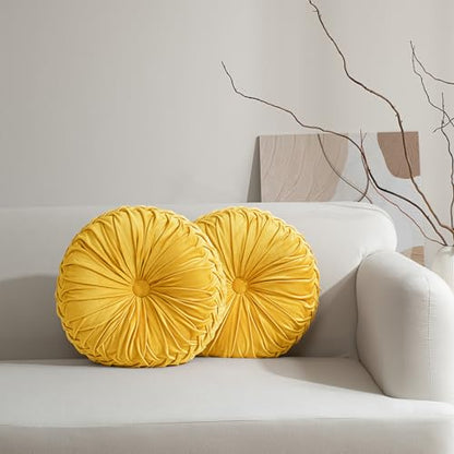 HIG Set of 2 Yellow Velvet Decorative Round Pleated Throw Pillows - color: Yellow