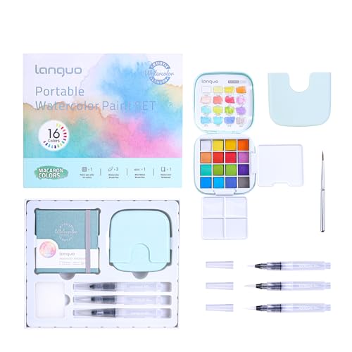 languo Mini Watercolor Paint Set，16 Macaron Colors Portable Travel Kit | All in 1 Art Kit with Sketch Book, Palette and Detail Brush Pens for Beginners, Artists, Sketching and Painting - color: Macaron Colors