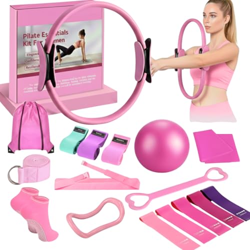 18 Pcs Pilates Kit for Home Workouts Women, 14" Magic Circle with Pilates Ring and Ball Set, 3 Fabric Resistance Bands & 5 Latex Bands for Core Strength, Toning & Flexibility.