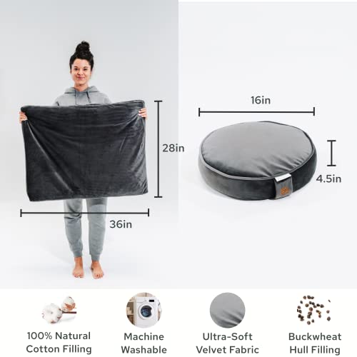Mindful Modern Meditation Cushion and Zabuton Meditation Mat Bundle - Premium Luxury Velvet Meditation Cushion Set for Yoga - Buckwheat Zafu Floor Pillow and Rectangular Mat - Graphite Grey Color