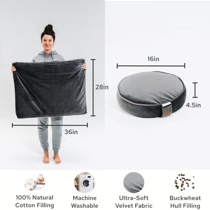 Mindful Modern Meditation Cushion and Zabuton Meditation Mat Bundle - Premium Luxury Velvet Meditation Cushion Set for Yoga - Buckwheat Zafu Floor Pillow and Rectangular Mat - Graphite Grey Color