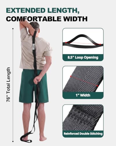 Trideer Non-Elastic Stretching Strap with Loops for Physical Therapy & Rehab, Knee Hip Leg ROM Post-Surgery, Yoga Strap for Stretching, Leg Lifter Strap Mobility Aid, Hamstring Calf Back - color: Black/75"x1"